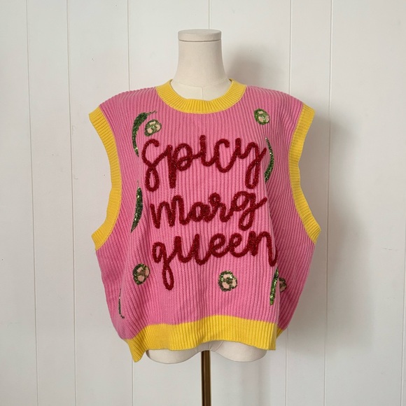 Queen of Sparkles Spicy Margarita Jalapeño Sequin Sweater Vest L NWOT - Picture 4 of 12